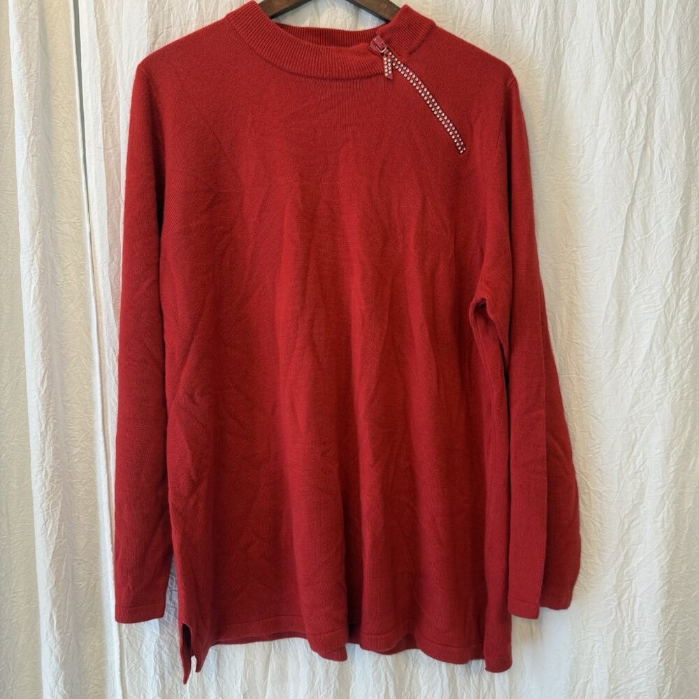 Quacker Factory 1/4 Side Zip Rhinestone Pullover Sweater Womens 1X Red Cozy Soft